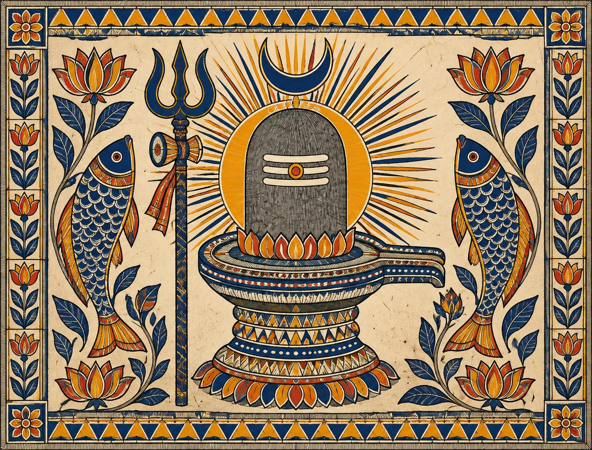 Madhubani folk painting of the Shivling with trishul and lotus motifs
